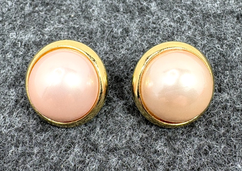 Trifari Blush Light Pink Faux Pearl Cabochon Earrings Post Gold Tone